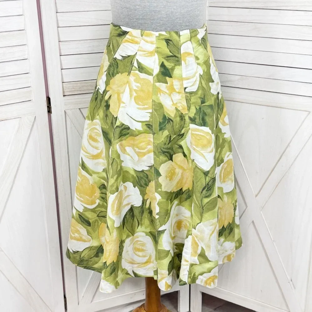 Premise Floral Roses Linen Blend A Line Flare Midi Skirt Lime Green Yellow 4‎